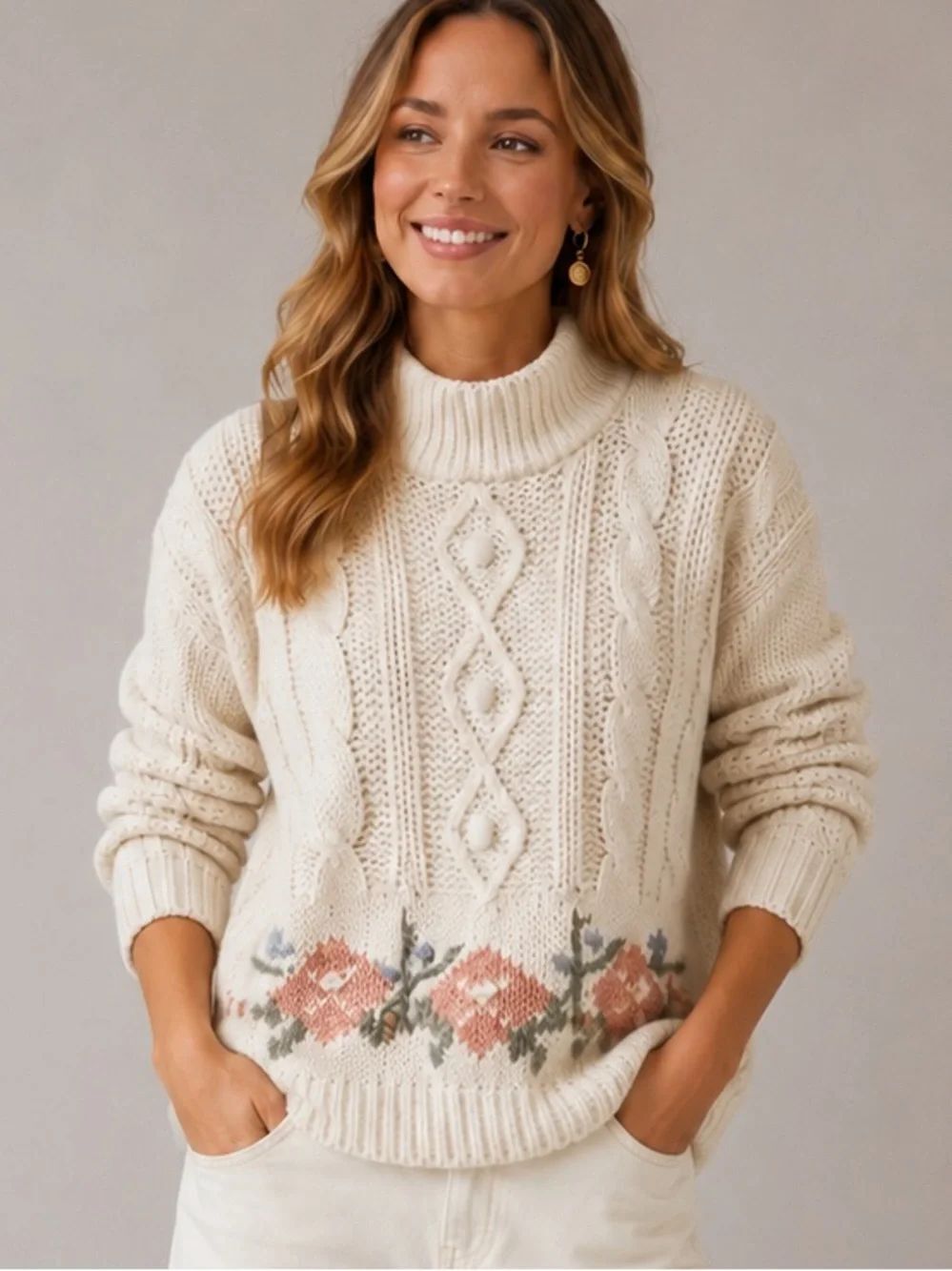 Vintage Hand Knit Cream Cable Knit Floral Embroidered Turtleneck Sweater